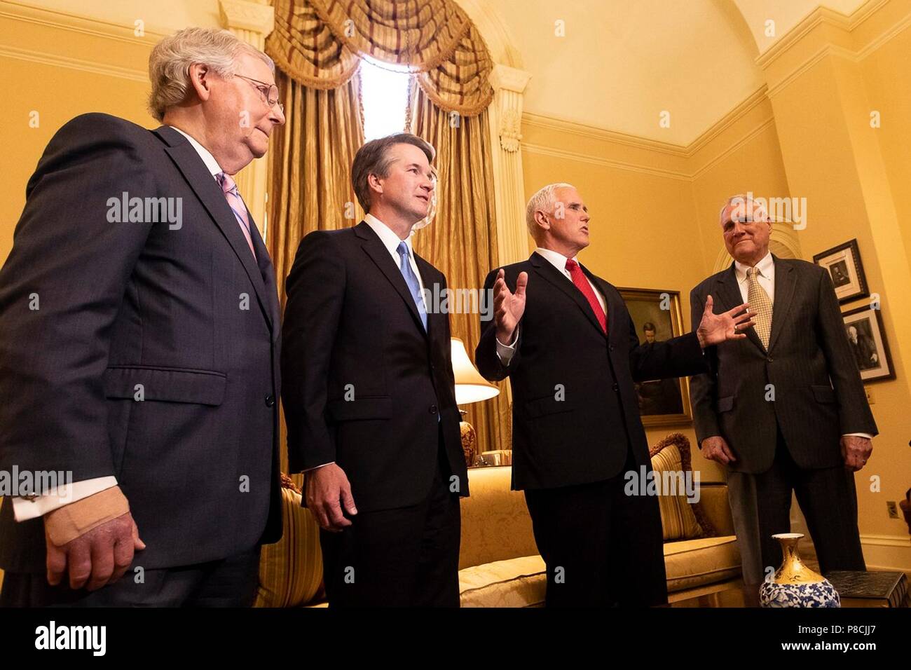 Washington, US. 10th July 2018. U.S Vice President Mike Pence, 2nd right, speaks to the media as he introduces Supreme Court nominee Brett Kavanaugh, 2nd left, to Senate Majority Leader Mitch McConnell, left, July 10, 2018 in Washington, DC. Former Sen. Jon Kyl of Arizona looks on from the right. Credit: Planetpix/Alamy Live News Stock Photo