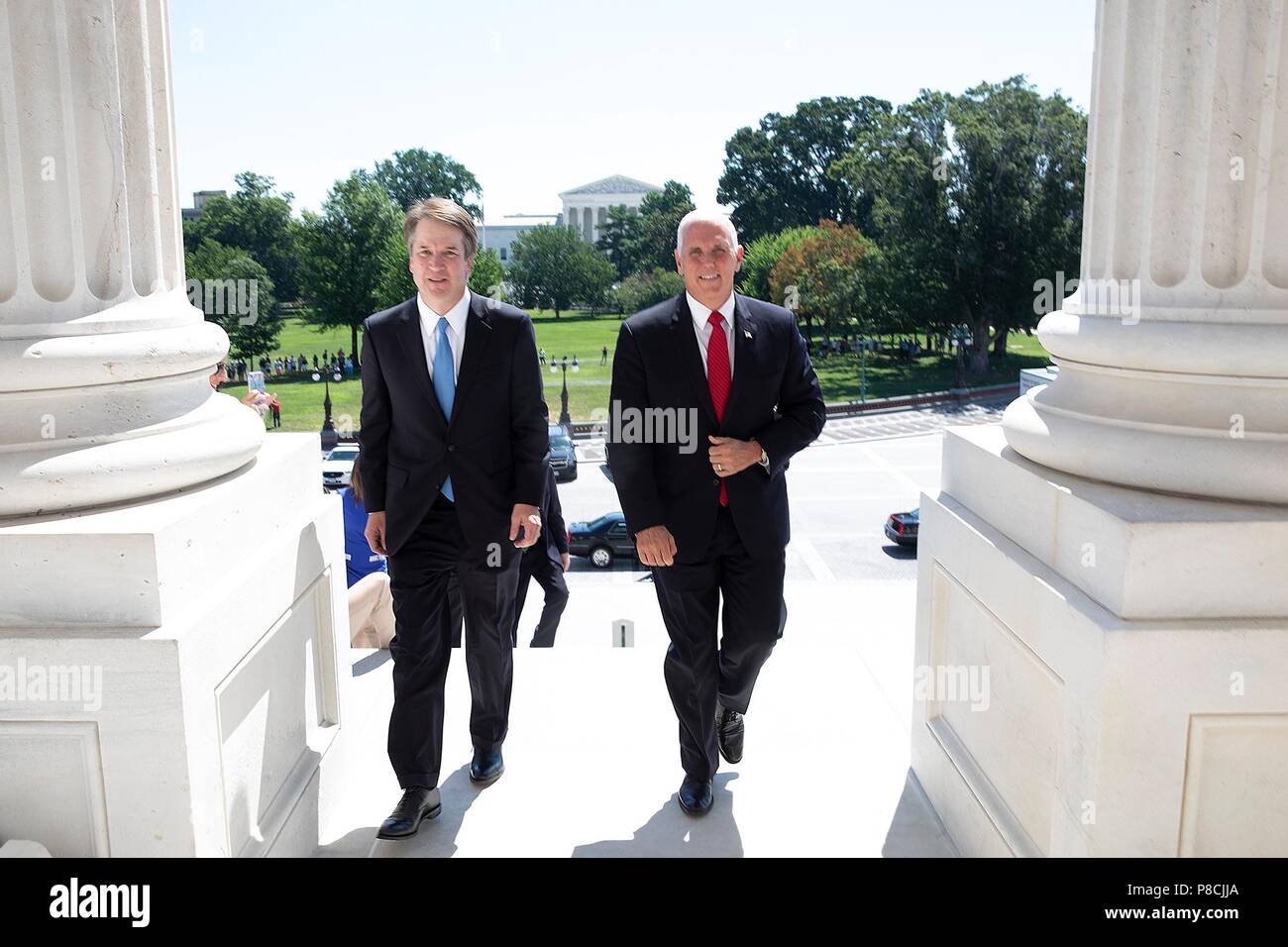 Washington, US. 10th July 2018. Supreme Court nominee Brett Kavanaugh, left, walks with U.S Vice President Mike Pence up the Capitol steps on their way to meet with Senate Majority Leader Mitch McConnell July 10, 2018 in Washington, DC. Credit: Planetpix/Alamy Live News Stock Photo