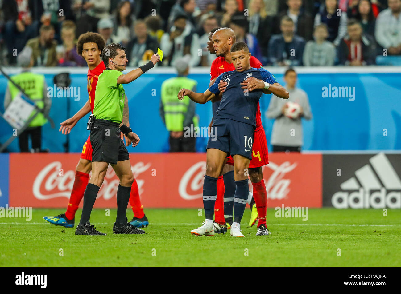 St. Petersburg, Russia. 10th July 2018. Kylian Mbappe  of France Yellow card. during match against Belgium valid for the semi-finals of the Glass of the World of Russia in the Stadium St Petersburg in the city of Saint Petersburg in Russia on Tuesday, 10 (Photo: William Volcov / Brazil Photo Press) Credit: Brazil Photo Press/Alamy Live News Stock Photo