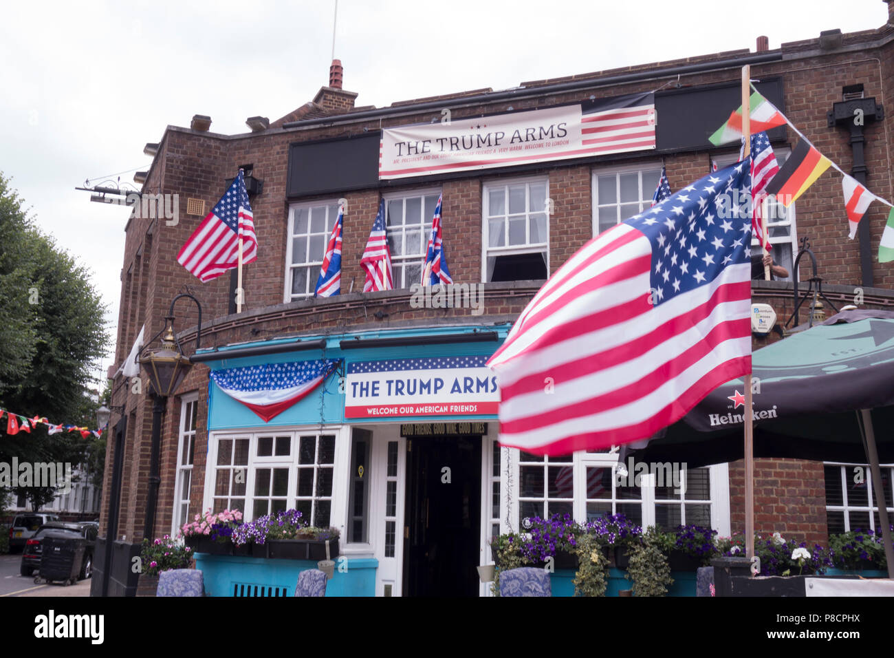 London, UK. 10th July 2018: The Jamesons Pub in west Kensington changes its name to 'The Trump Arms' to support the visit of the US president. Credit: William Barton. Credit: William Barton/Alamy Live News Stock Photo
