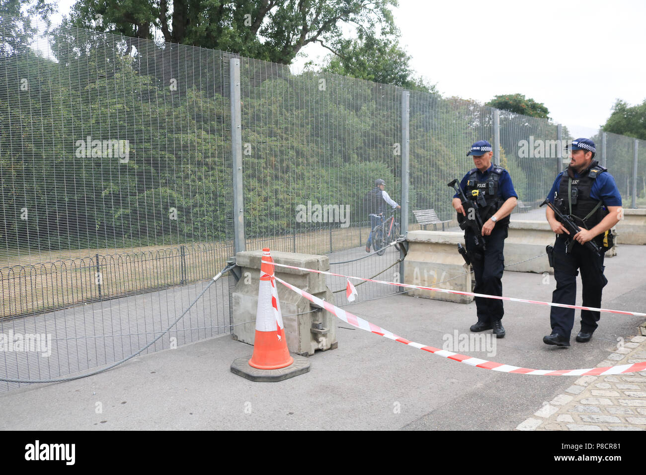 London UK. 11th July 2018. Security metal barriers and fences are installed around the US Ambassador's residence at  Winfield House in Regents Park to create a ring of steel where President Donald Trump will be guest during his first official visit to the United Kingdom on 13 July.  US President Donald Trump will meet British Prime Minister Theresa May and Queen Elizabeth II after a postponed trip to Britain starting  during which he will also discuss the prospects for a UK-US free trade deal after Brexit. Credit: amer ghazzal/Alamy Live News Stock Photo