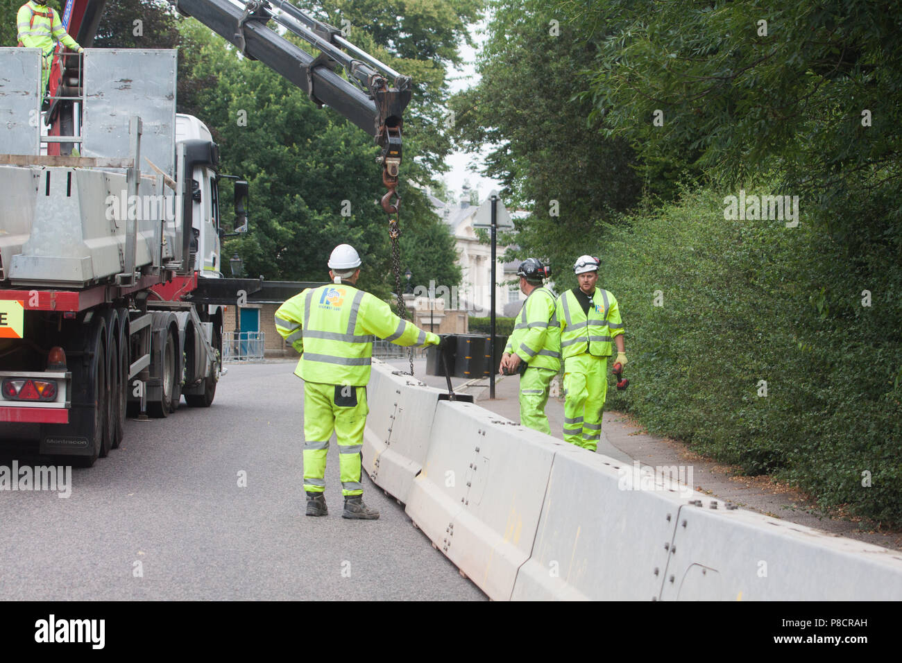London UK. 11th July 2018. Security metal barriers and fences are installed around the US Ambassador's residence at  Winfield House in Regents Park to create a ring of steel where President Donald Trump will be guest during his first official visit to the United Kingdom on 13 July.  US President Donald Trump will meet British Prime Minister Theresa May and Queen Elizabeth II after a postponed trip to Britain starting  during which he will also discuss the prospects for a UK-US free trade deal after Brexit. Credit: amer ghazzal/Alamy Live News Stock Photo