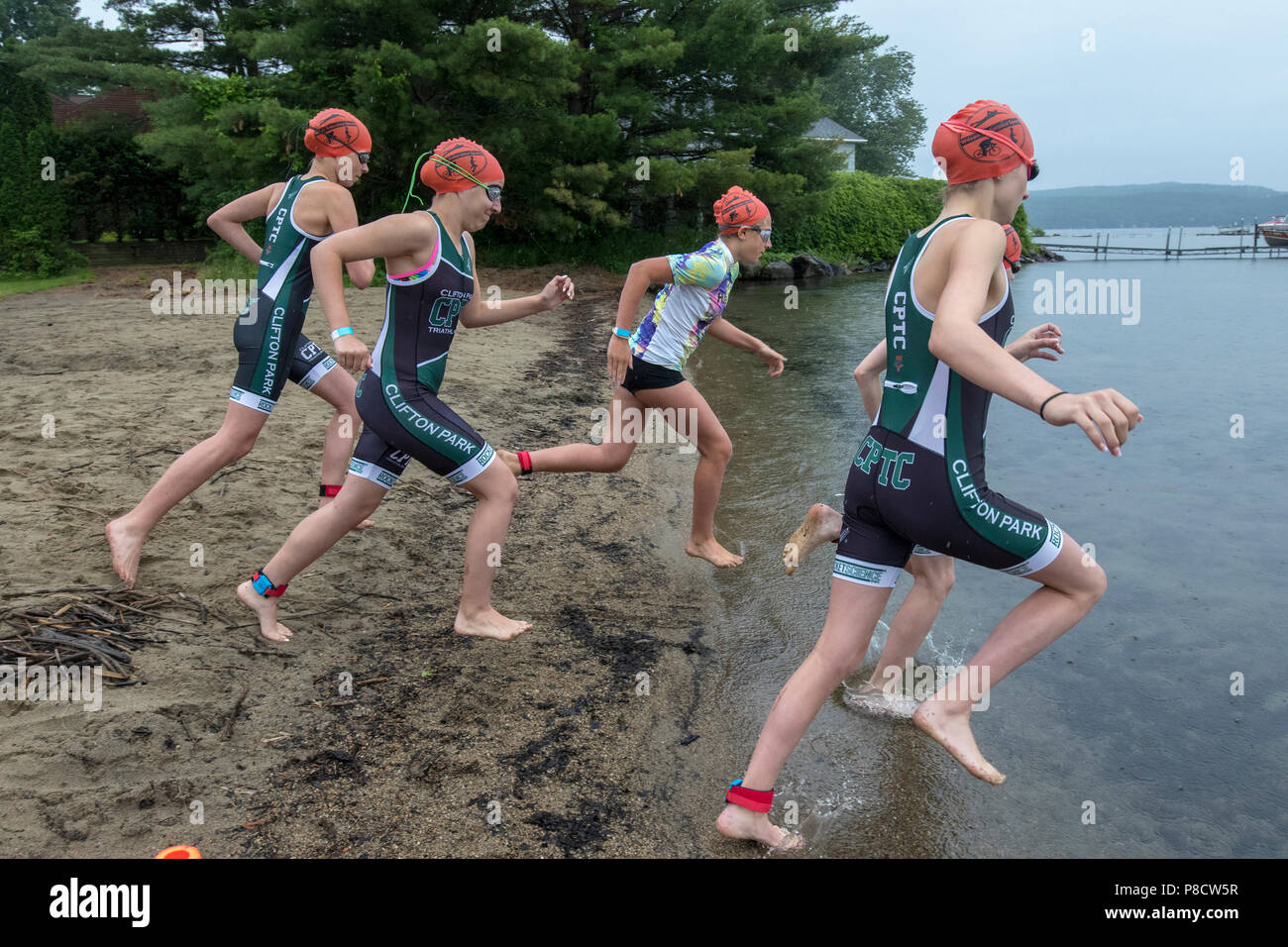 Start of the swim segment of the 2018 Hague Endurance Festival Triathlon Kid's 12-17 group Stock Photo