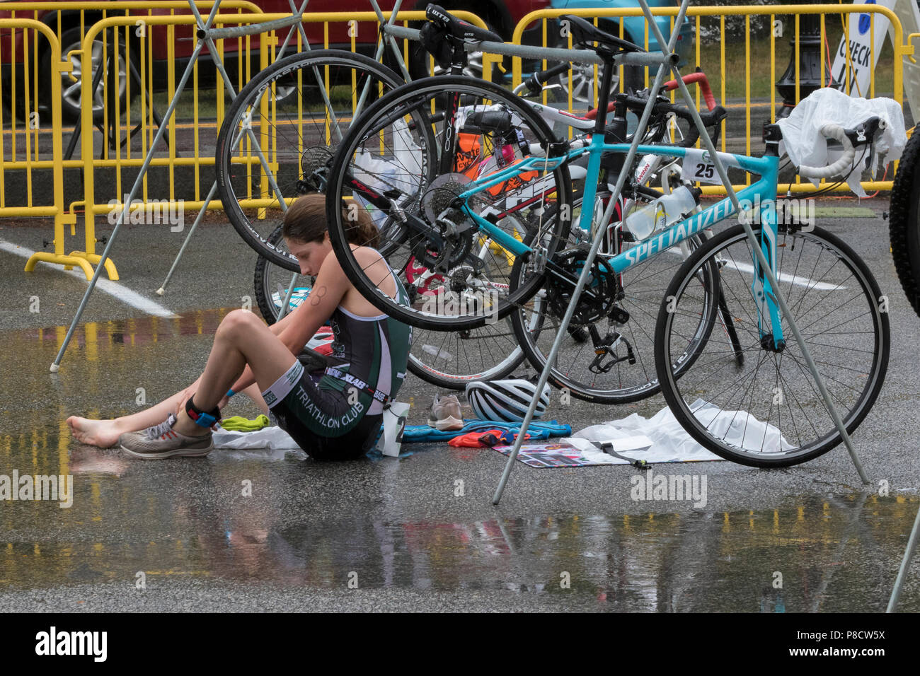 swim to bike transition of the 2018 Hague Endurance Festival Triathlon Kid's 12-17 group Stock Photo