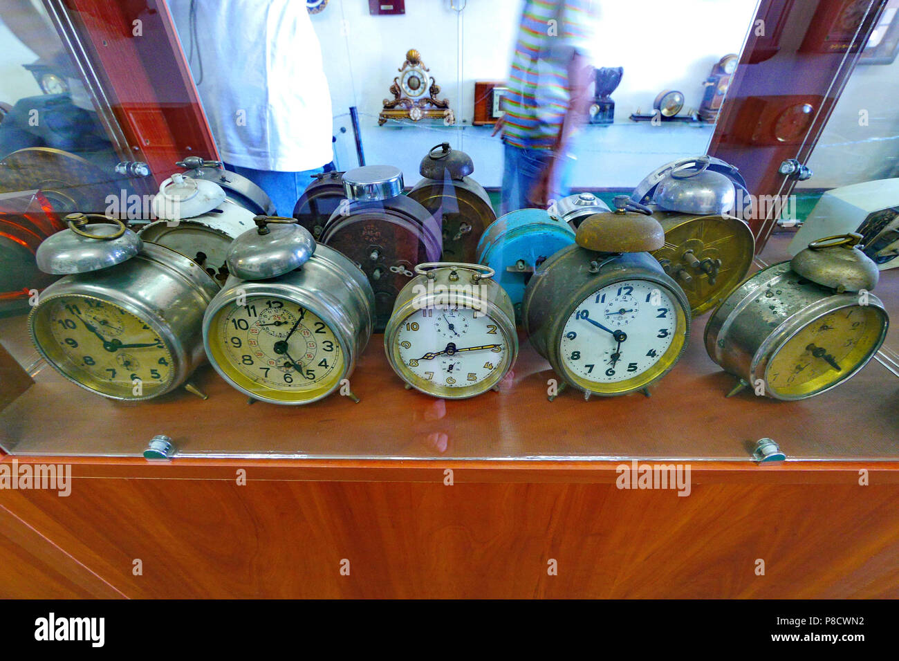 collection of ancient alarm clocks of a round shape . For your design