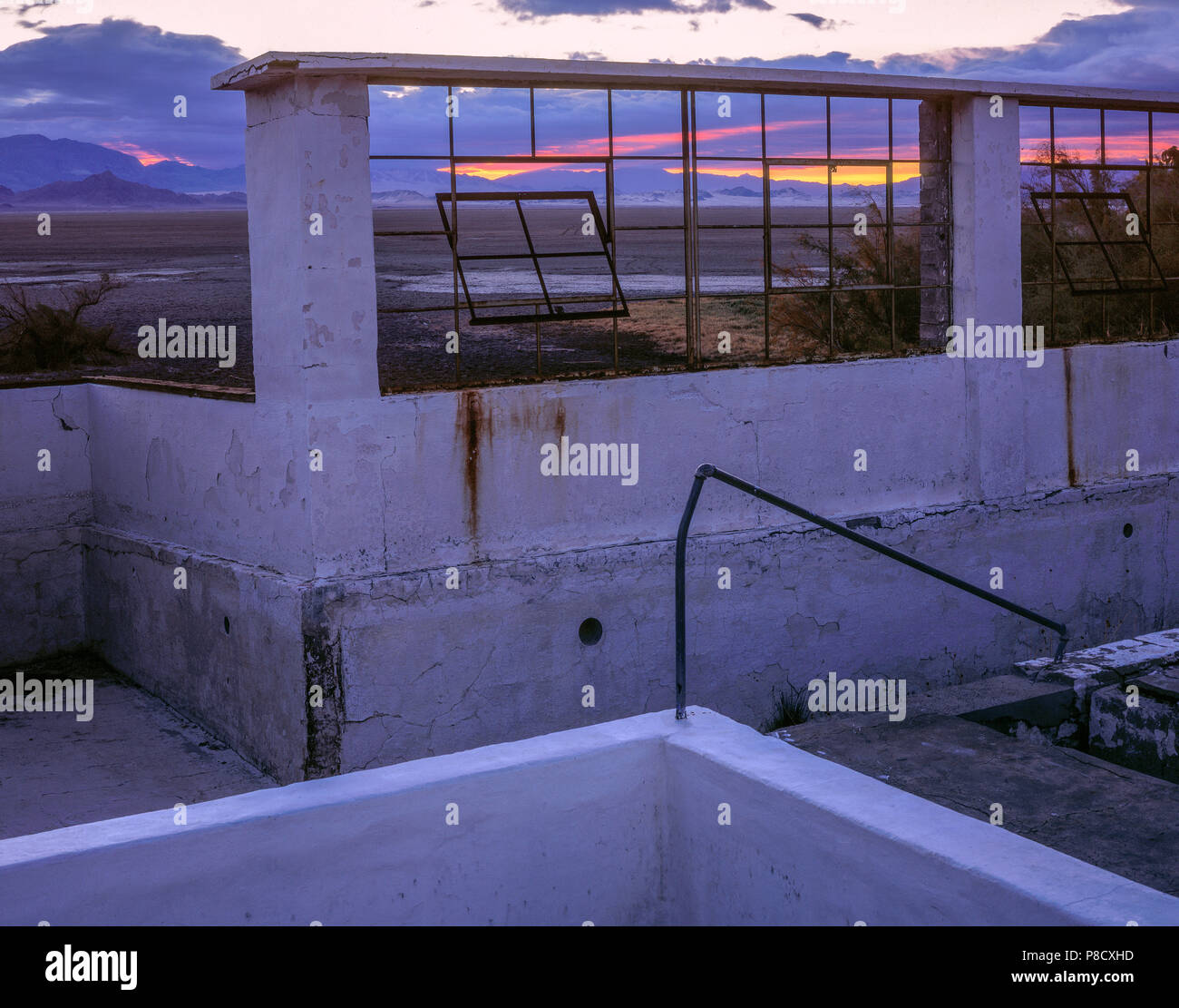 Dawn, Pool Wall, Zzyzx Mineral Springs, Mojave National Preserve CA Stock Photo