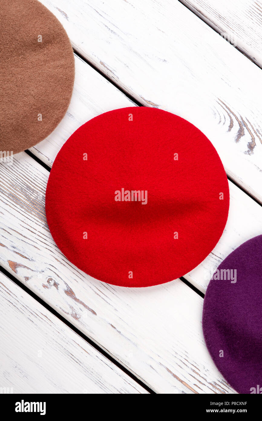 Red womens berete hat. Stock Photo