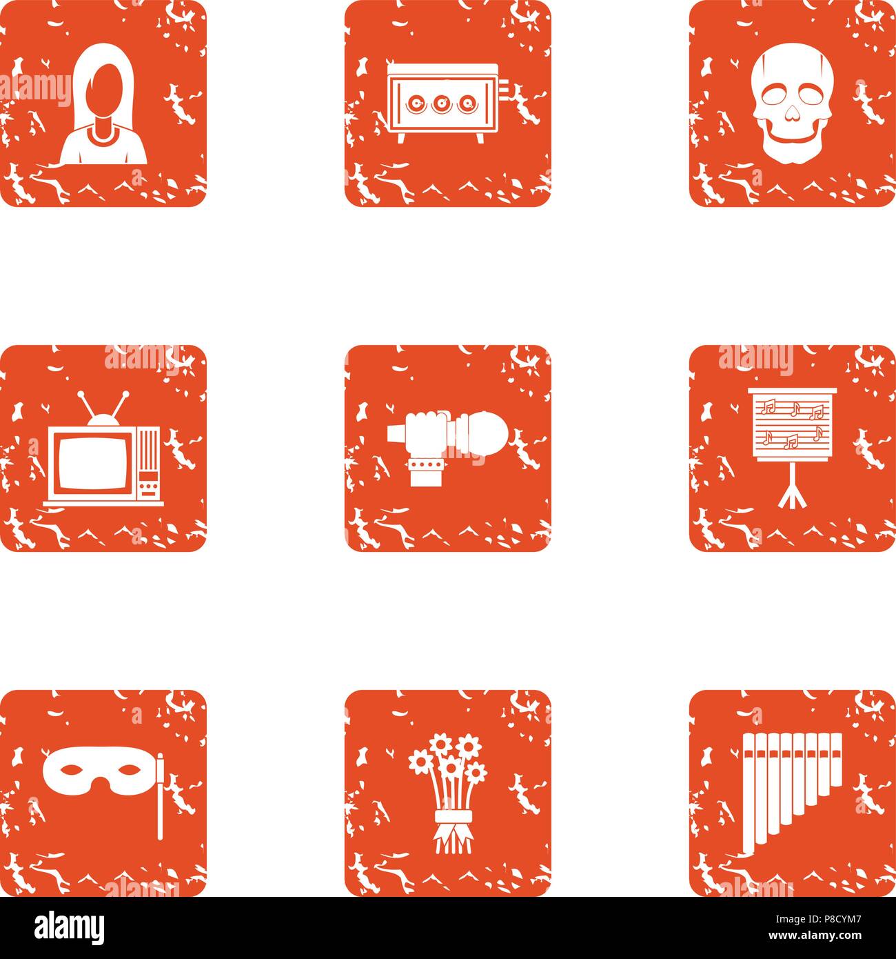 Screen performance icons set, grunge style Stock Vector