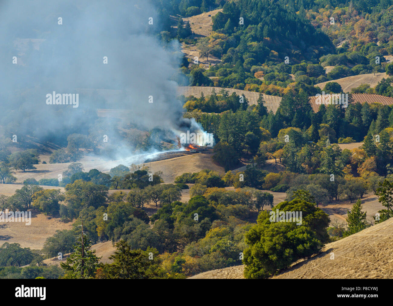 Fire, Ranch House, Yorkville Highlands, Mendocino County, California Stock Photo