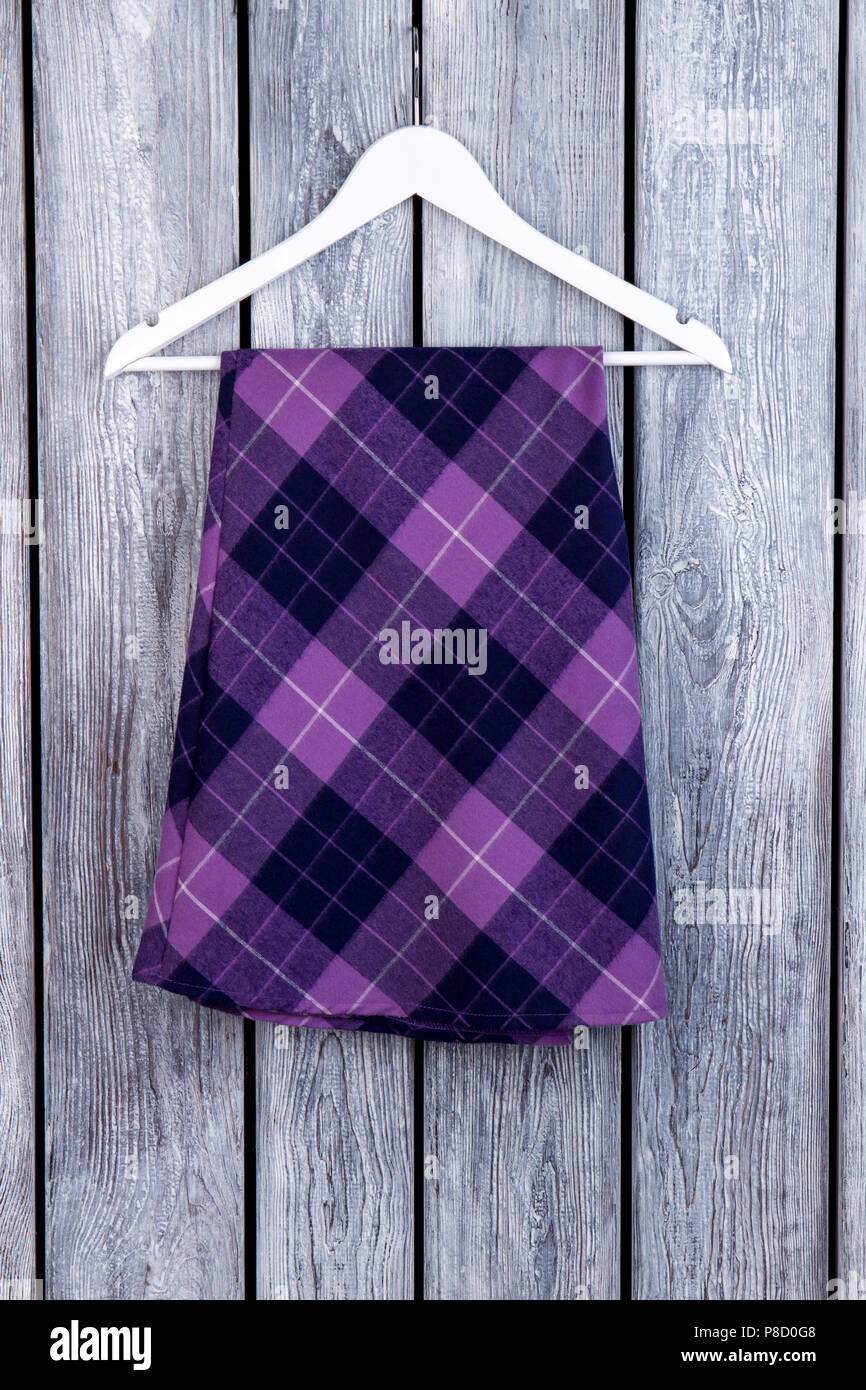 Purple checkered skirt on hanger. Stock Photo