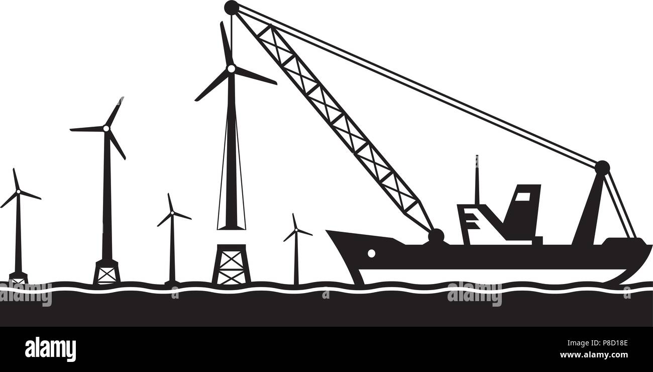 Floating crane installing wind turbine in the sea - vector illustration Stock Vector