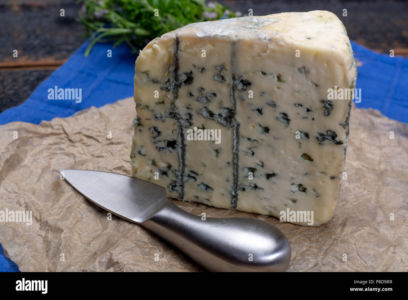 Blue cheese made from cow milk with Penicillinum mold, tasty soft