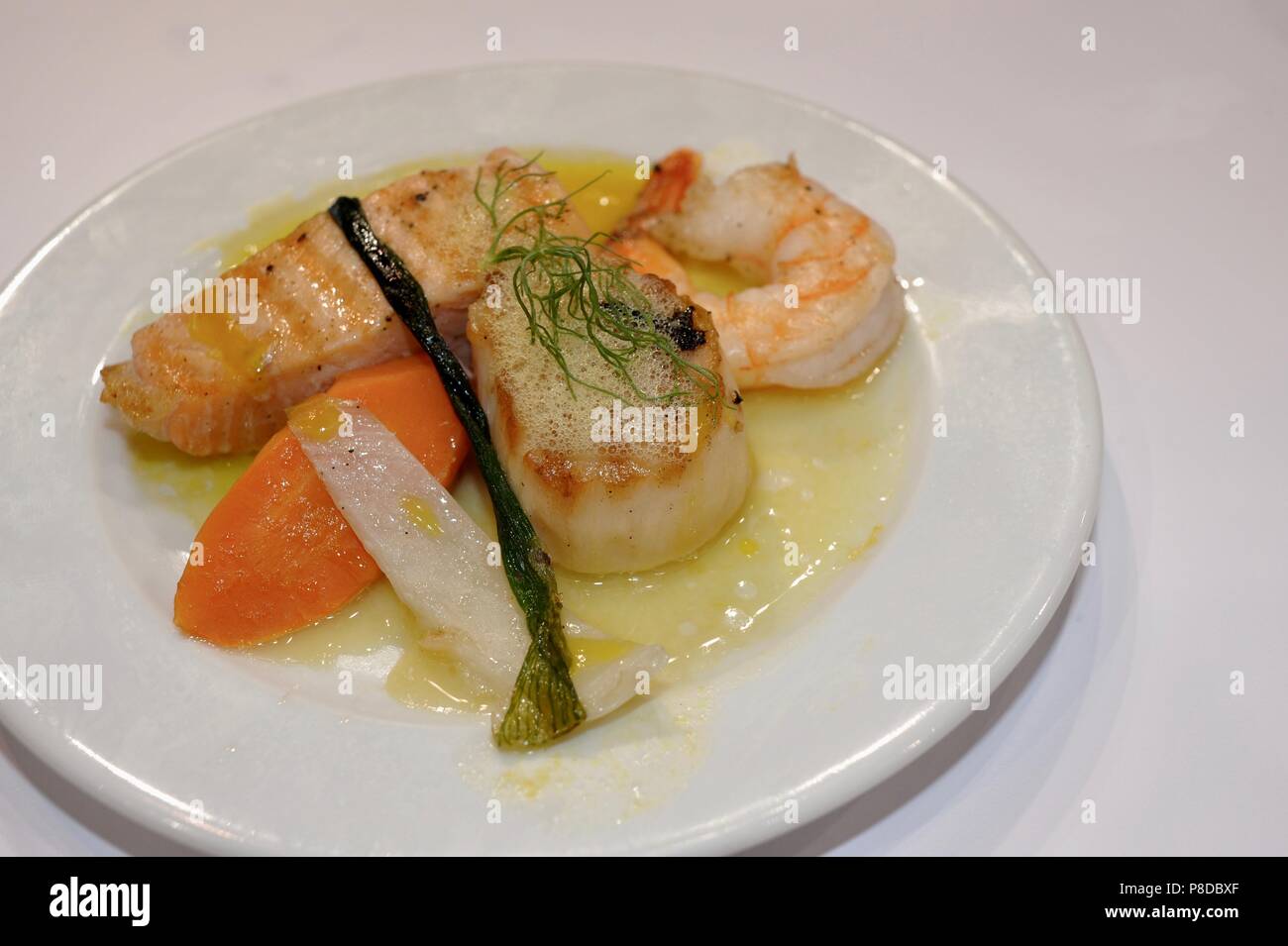 Salmon, scallop and shrimp entree cooked in the innovation RATIONAL