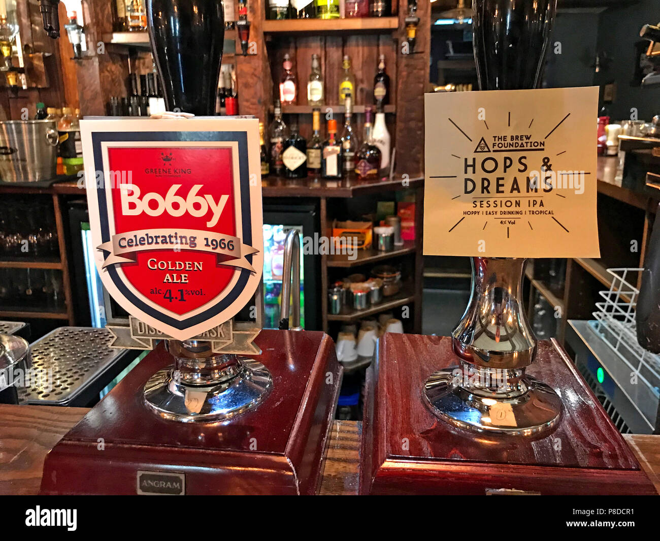 Bobby 1966 Golden Ale and Hops & dreams Session IPA on a bar at Mayflower Bar, Austerfield, Doncaster, South Yorkshire, England, UK Stock Photo