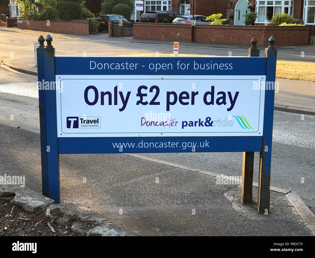Doncaster, Open For Business, Only £2 per day, Town centre parking, sign, Doncaster, Yorkshire, England, UK Stock Photo