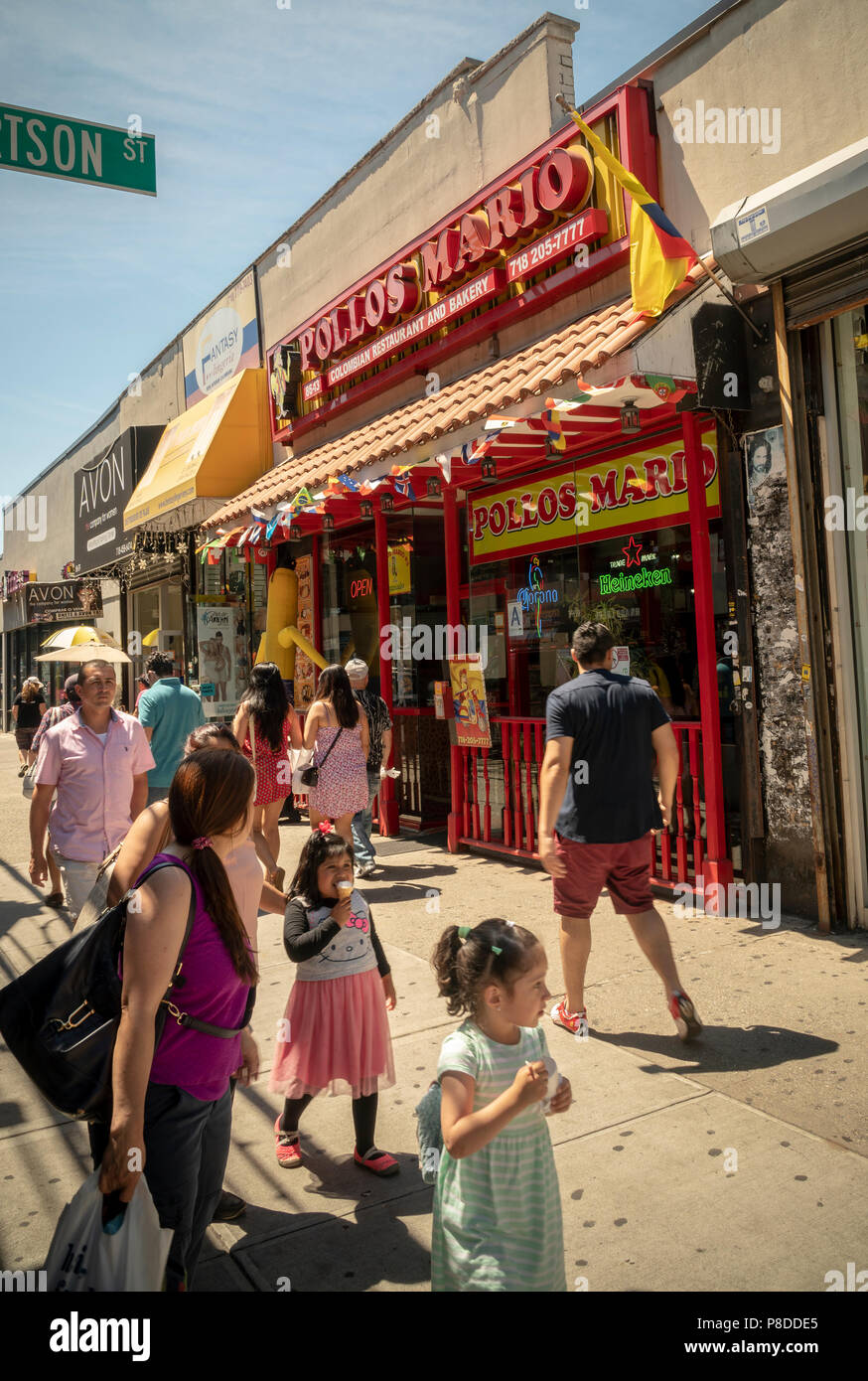 Colombian chicken restaurant in the busy Jackson Heights neighborhood in Queens in New York on Sunday, July 8, 2018. The Jackson Heights neighborhood is home to a mosaic of ethnic groups  which include Hispanics, Indians, Pakistanis, Tibetans, Southeast Asian as well as long-time Jewish and Italian residents.  (Â© Richard B. Levine) Stock Photo
