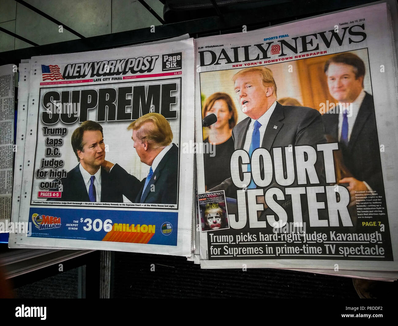 Headlines of New York newspapers on Tuesday, July 10, 2018 report on U.S. President Donal Trump's appointment, pending confirmation, of Brett Kavanaugh to the seat on the U.S. Supreme Court being vacated by the retirement of Justice Anthony Kennedy. (Â© Richard B. Levine) Stock Photo