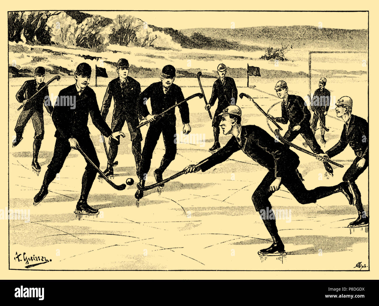 Ice Hockey, A Greiner  1895 Stock Photo
