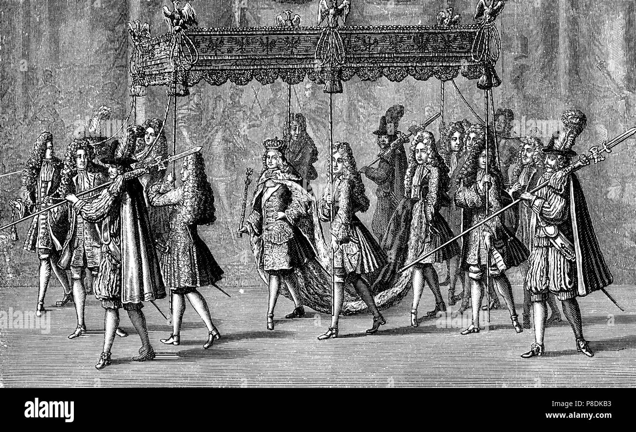 Crowning ceremony of Frederick I of Prussia on Januar 18, 1701  (From the Prussian Crowning History 1712). Museum: PRIVATE COLLECTION. Stock Photo