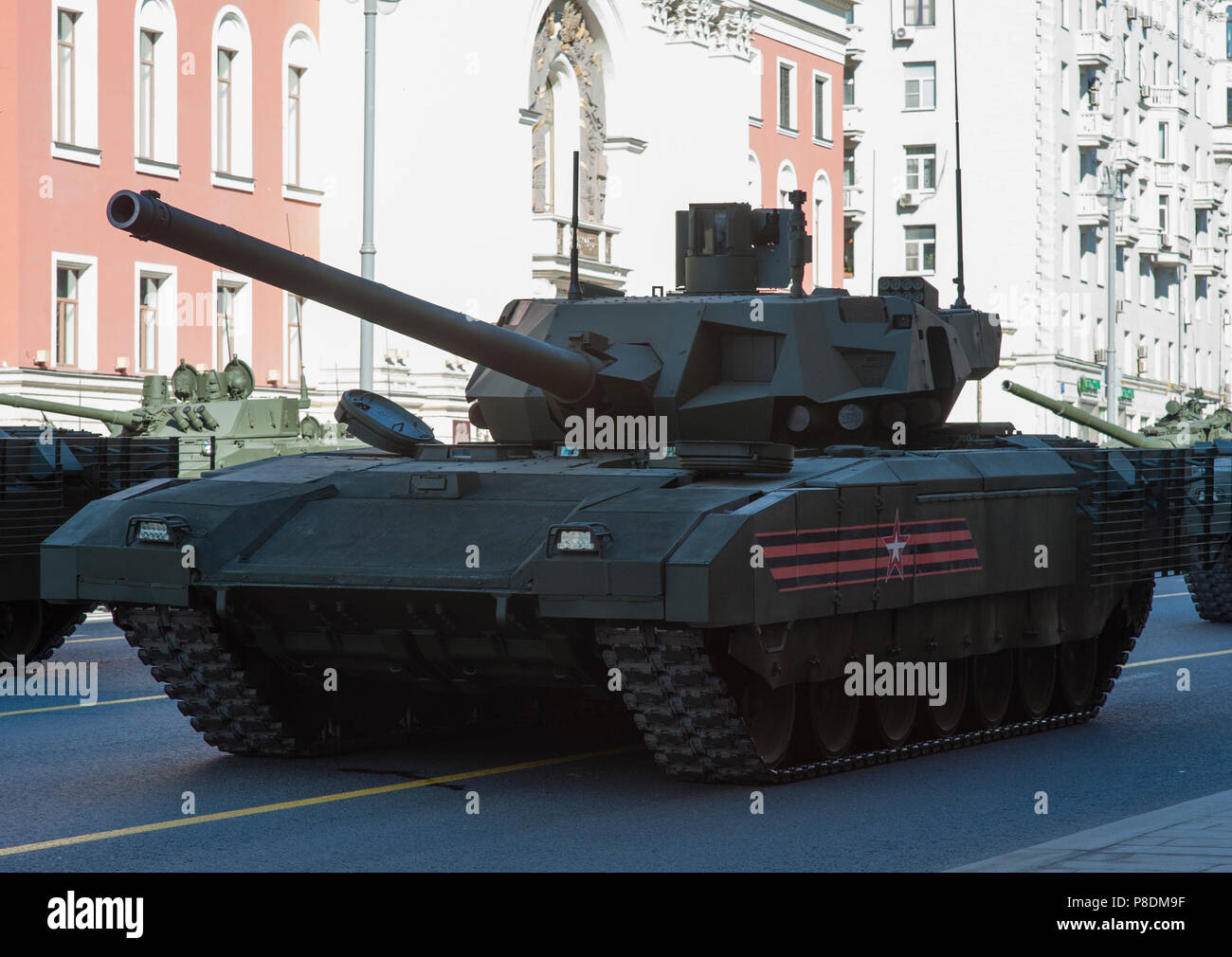 MOSCOW, RUSSIA - May 07, 2017 Russian main battle tank T-14 Armata during the rehearsal of the military parade for victory day on Tverskaya street in  Stock Photo