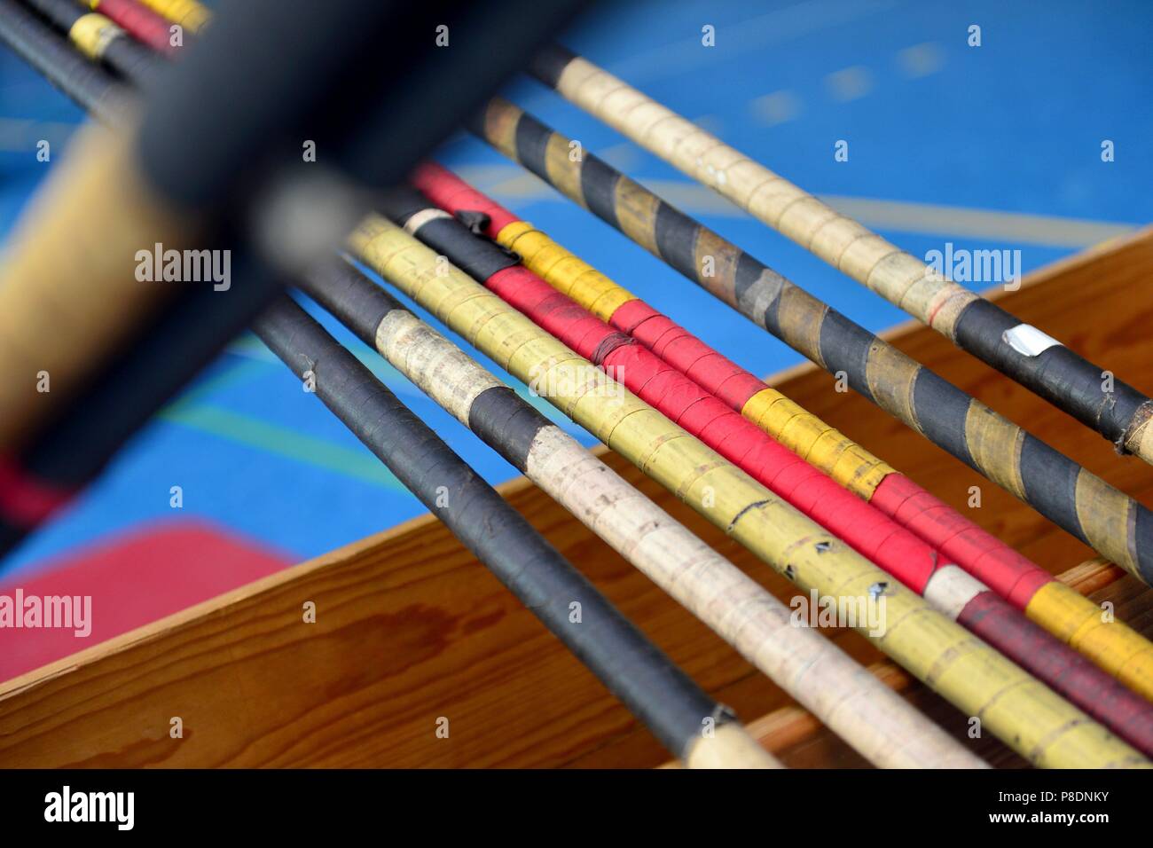 Poles for pole vault at a gym in Sandkrug (Germany), 20 March 2018. | usage worldwide Stock Photo