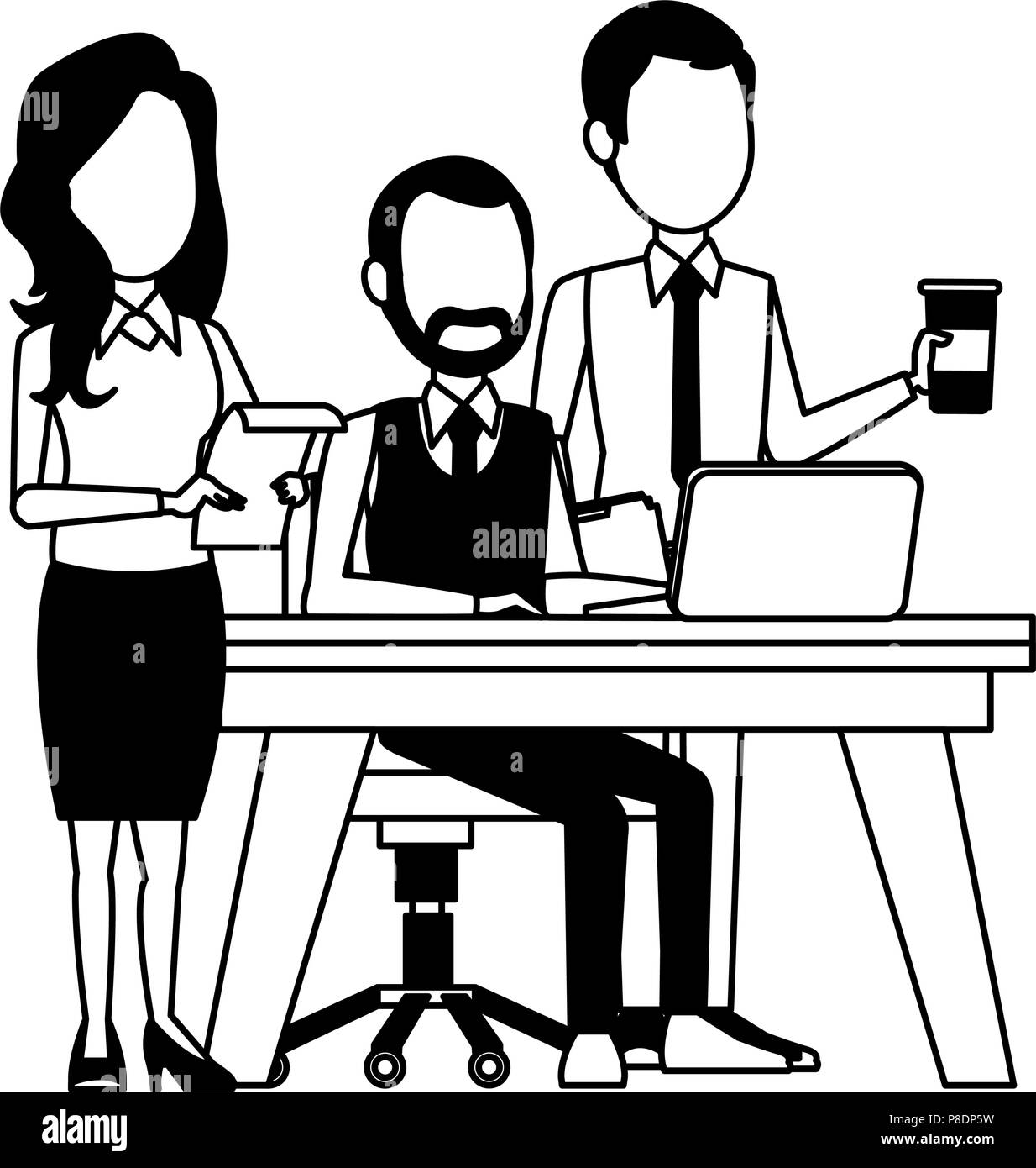Business teamwork with laptop in black and white Stock Vector Image ...