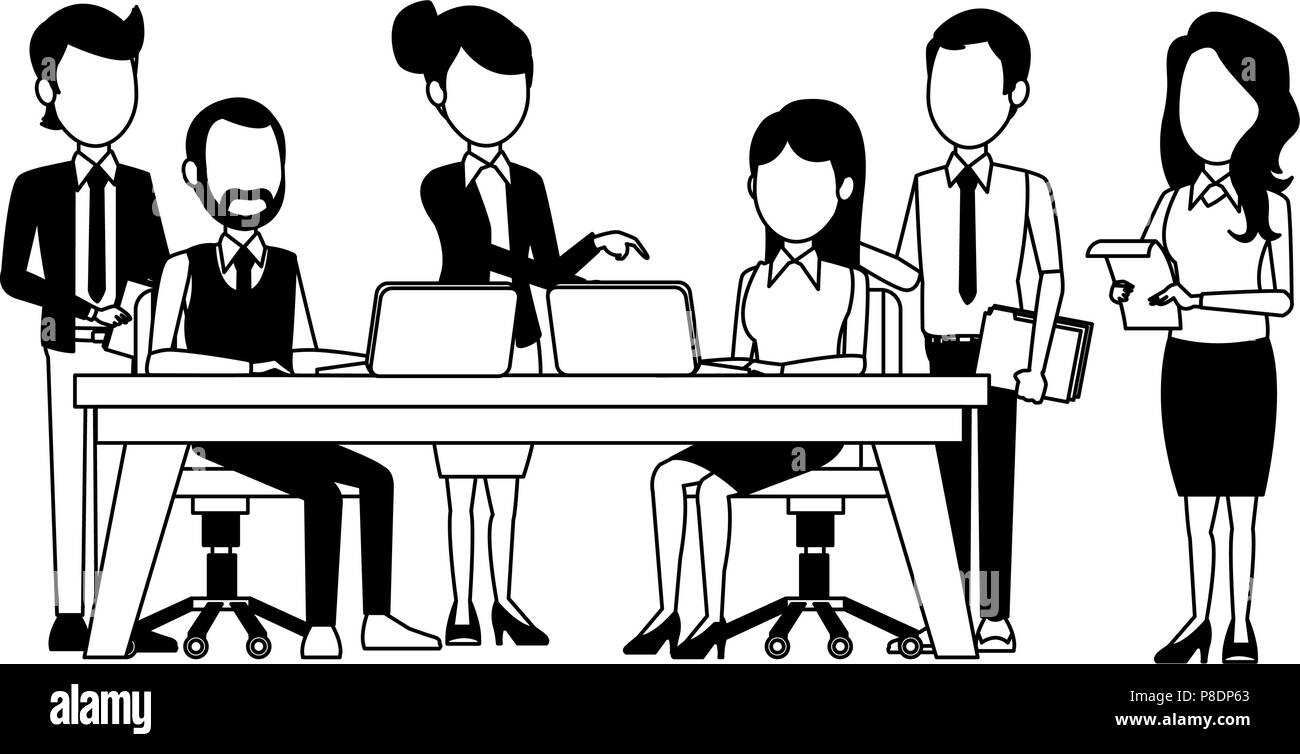 Business teamwork with laptop in black and white Stock Vector Image ...