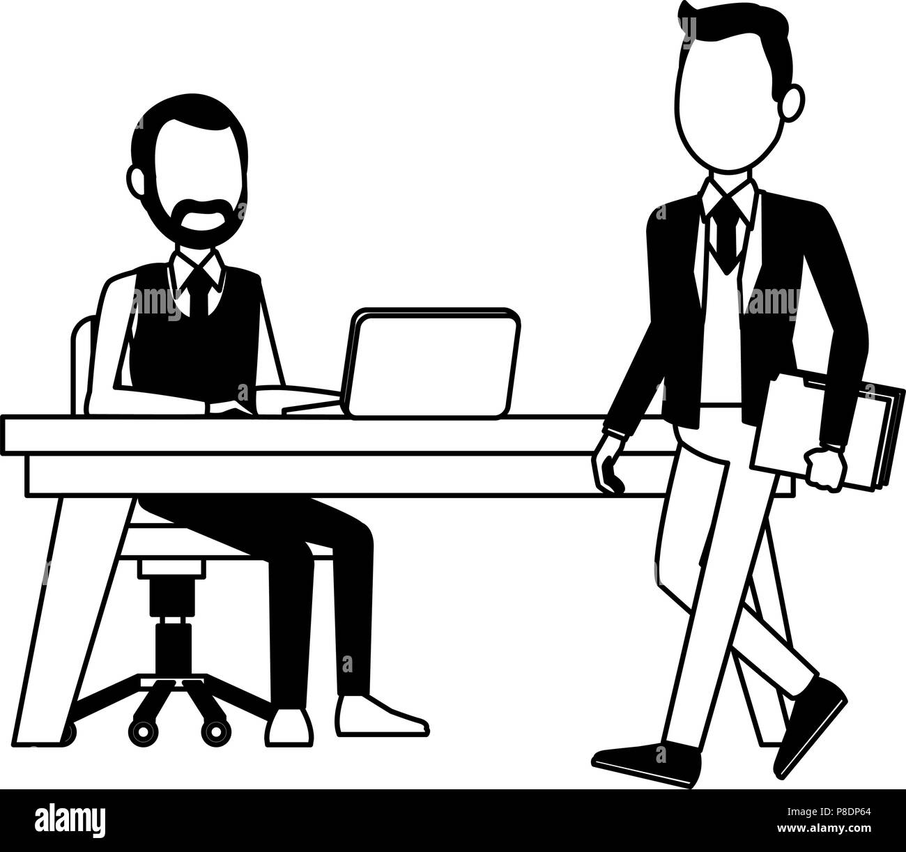 Businessmens working with laptop in black and white Stock Vector Image ...