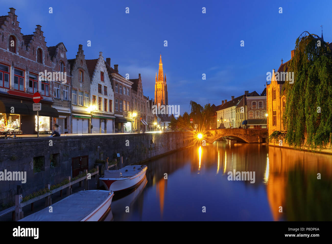 Canal Dijver and Church of Our Lady, Bruges Stock Photo