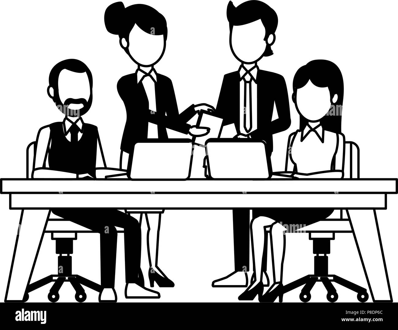 Business teamwork with laptop in black and white Stock Vector Image ...