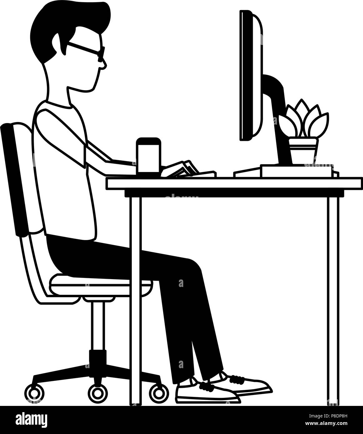 Young man working with computer in black and white Stock Vector Image