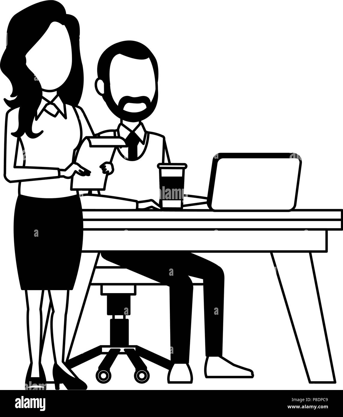 Business teamwork with laptop in black and white Stock Vector Image ...