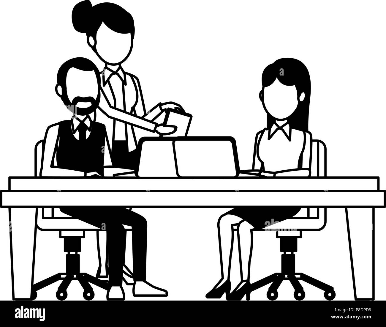 Business teamwork with laptop in black and white Stock Vector Image ...