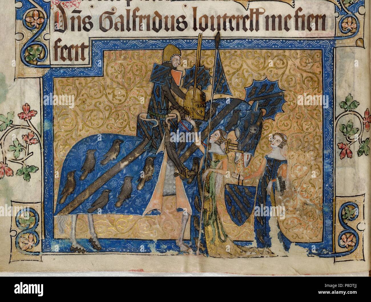 Sir Geoffrey Luttrell, mounted, being assisted by Beatrice Le Scrope