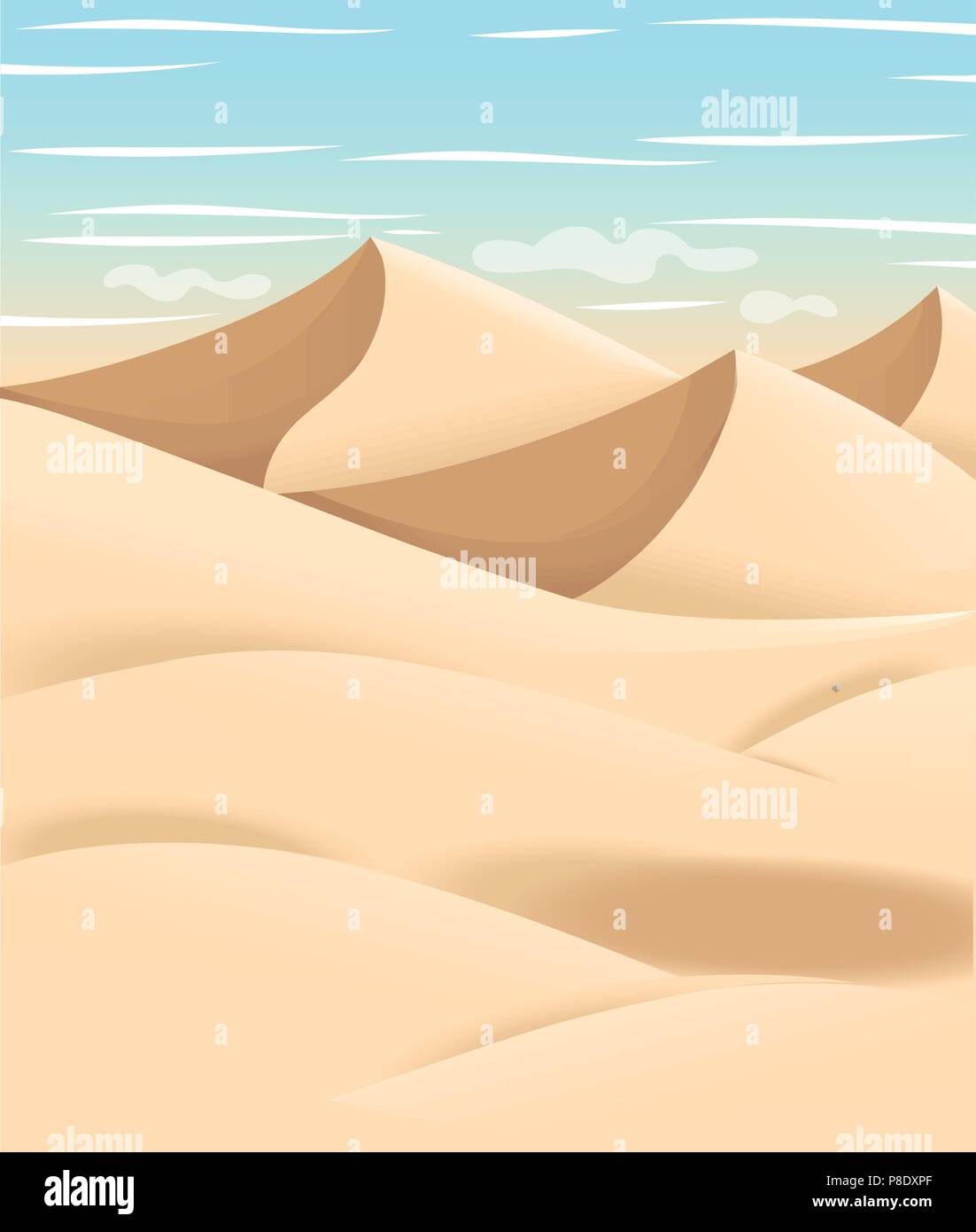 Cartoon illustration of desert. Flat land space design. Vector illustration with sand and sky. Stock Vector