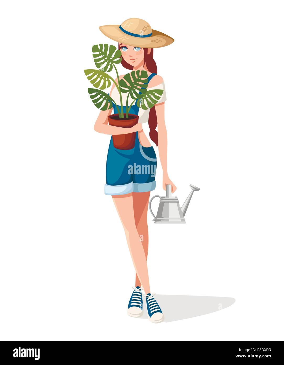 Beautiful women hold flower pot and watering can. Farmer girl with summer hat. Cartoon character design. Flat vector illustration on white background. Stock Vector