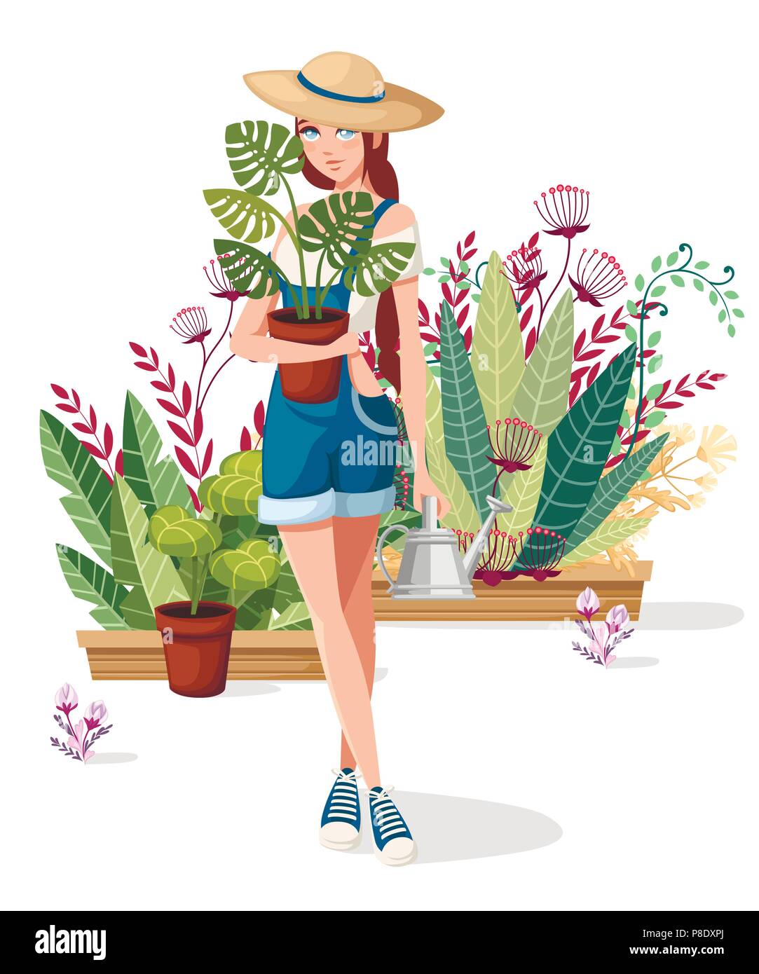 Beautiful women hold flower pot and watering can. Farmer girl with summer hat. Cartoon character design. Many flowers pot on background. Flat vector i Stock Vector