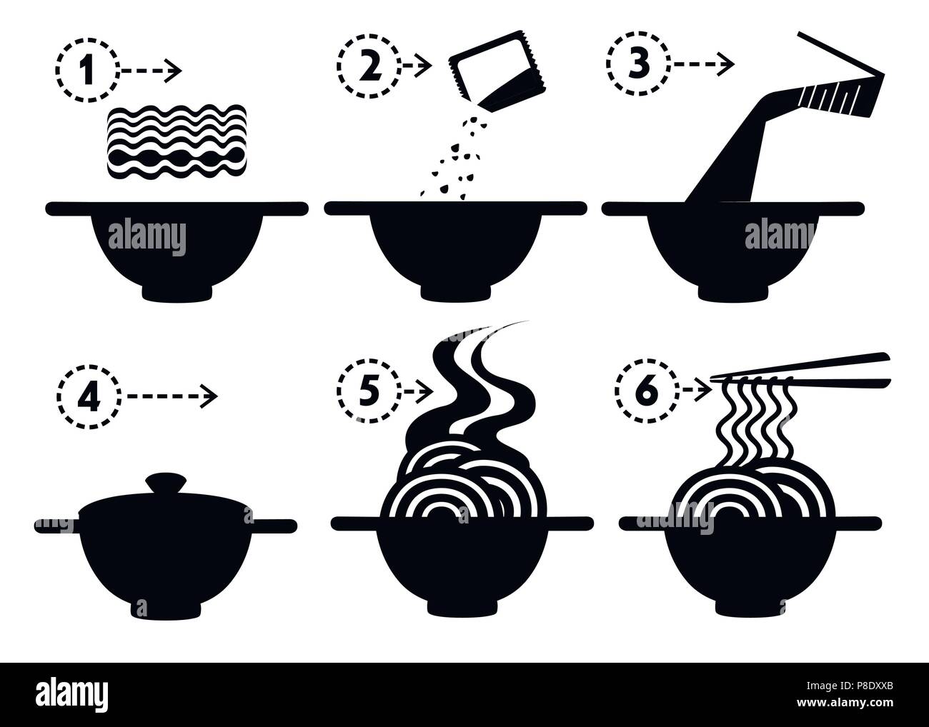 Black silhouette. Cooking instruction. Instant noodles. Flat vector illustration. Black bowl and chopsticks. Vector illustration isolated on white bac Stock Vector Image Art Alamy