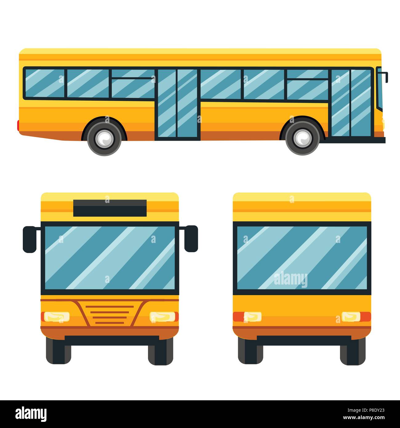 Yellow city bus. Public transport illustration. Flat design style. Isolated on white background. Two front option. Stock Vector