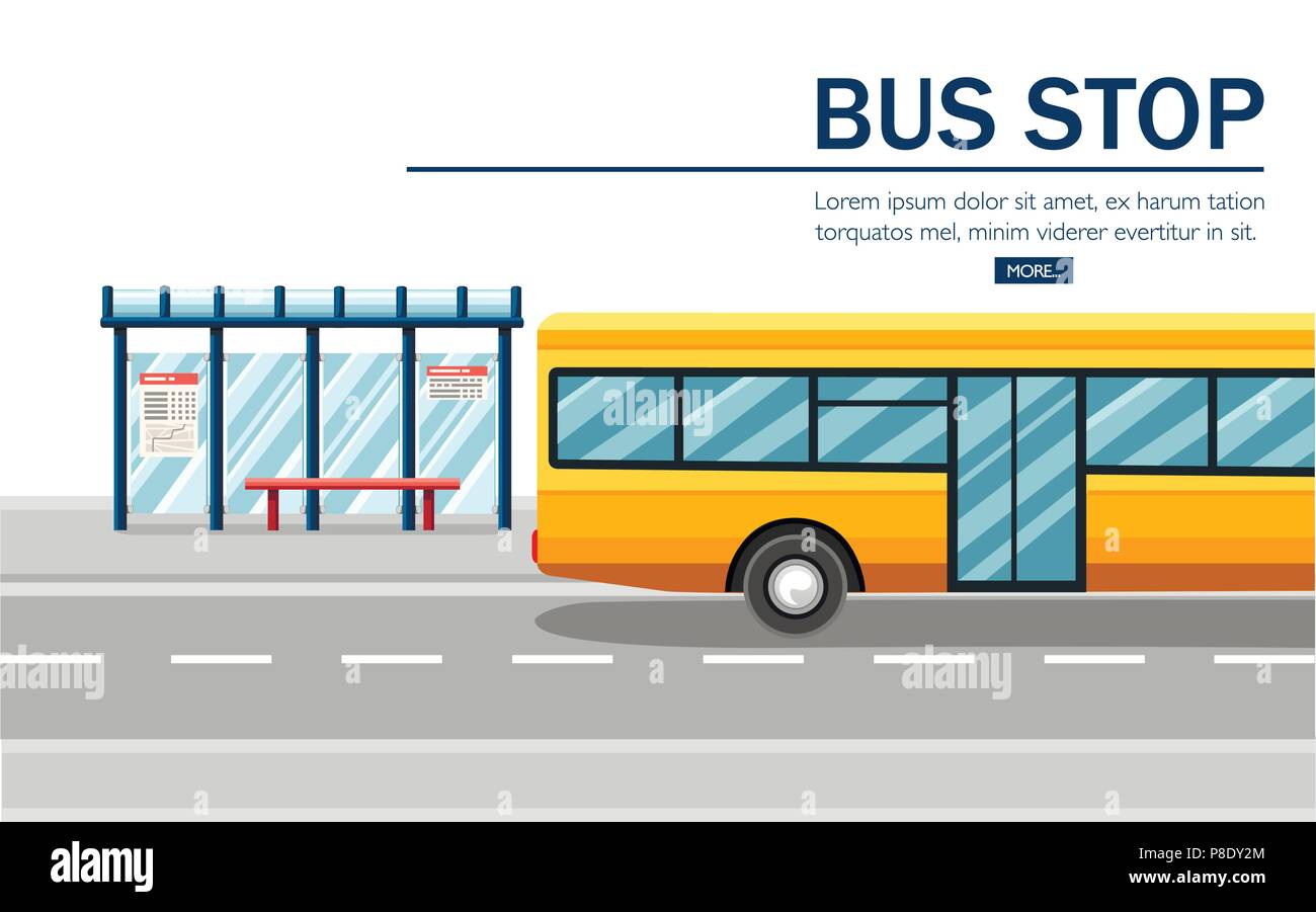 Yellow city bus. Public transport illustration. Bus stop and road. Flat design style on white background. Public transport concept design for website  Stock Vector