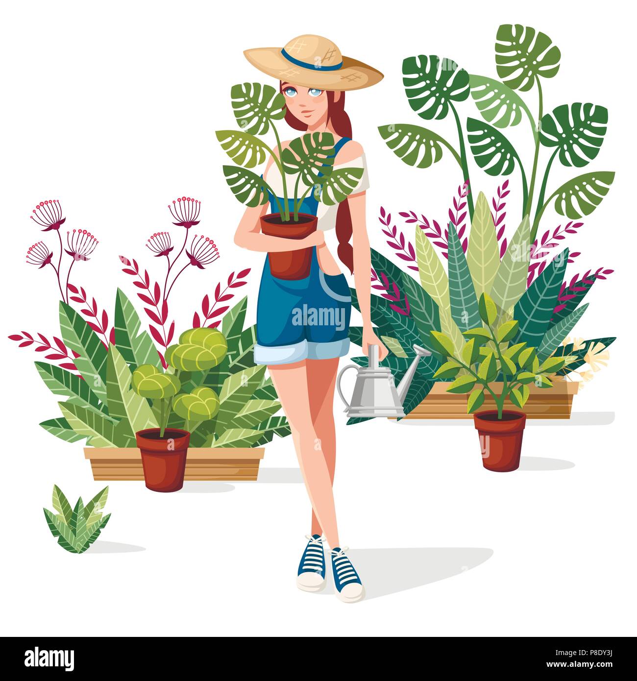 Beautiful women hold flower pot and watering can. Farmer girl with summer hat. Cartoon character design. Many flowers pot on background. Flat vector i Stock Vector