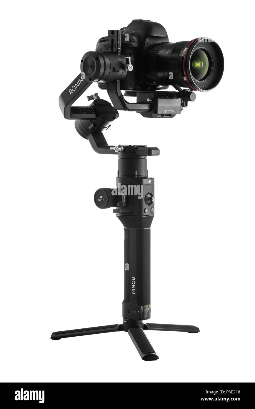 Varna, Bulgaria - July 11 ,2018: DJI Ronin-S is Three-Axis Motorized Gimbal Stabilizer for DSLR or Mirrorless Cameras manufactured by DJI company ,iso Stock Photo