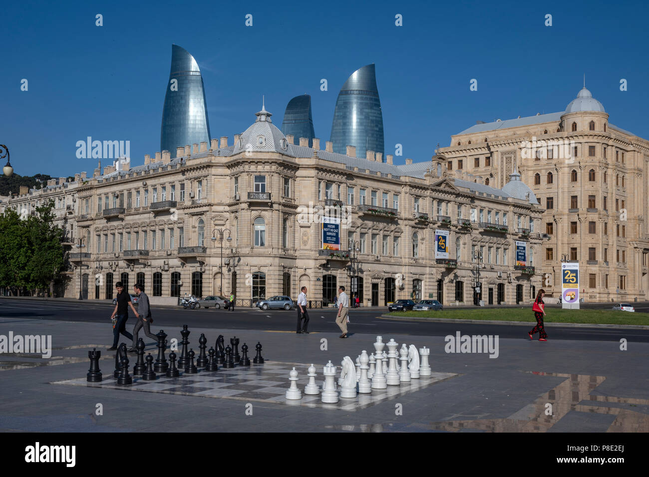 The Azneft square and The Flame Towers in the background  in Baku,Azerbaijan Stock Photo