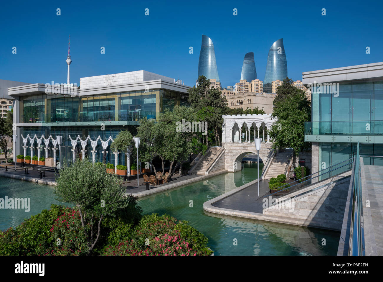 A view of the Flame Towers from Little Venice in Baku, Azerbaijan Stock Photo