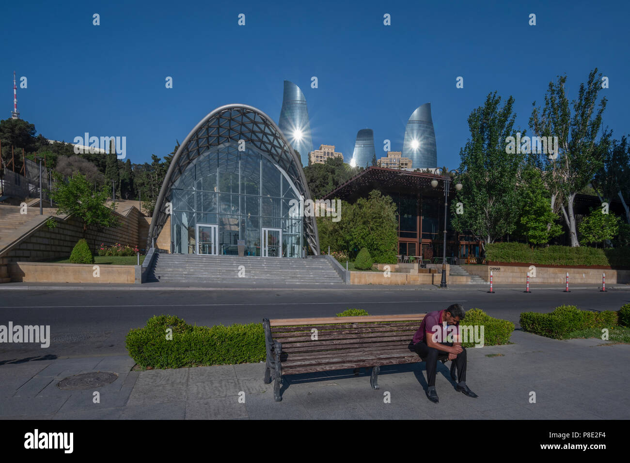 Entrance to Baku Funicular and  the Flame Towers in the backgound in Baku,Azerbaijan Stock Photo
