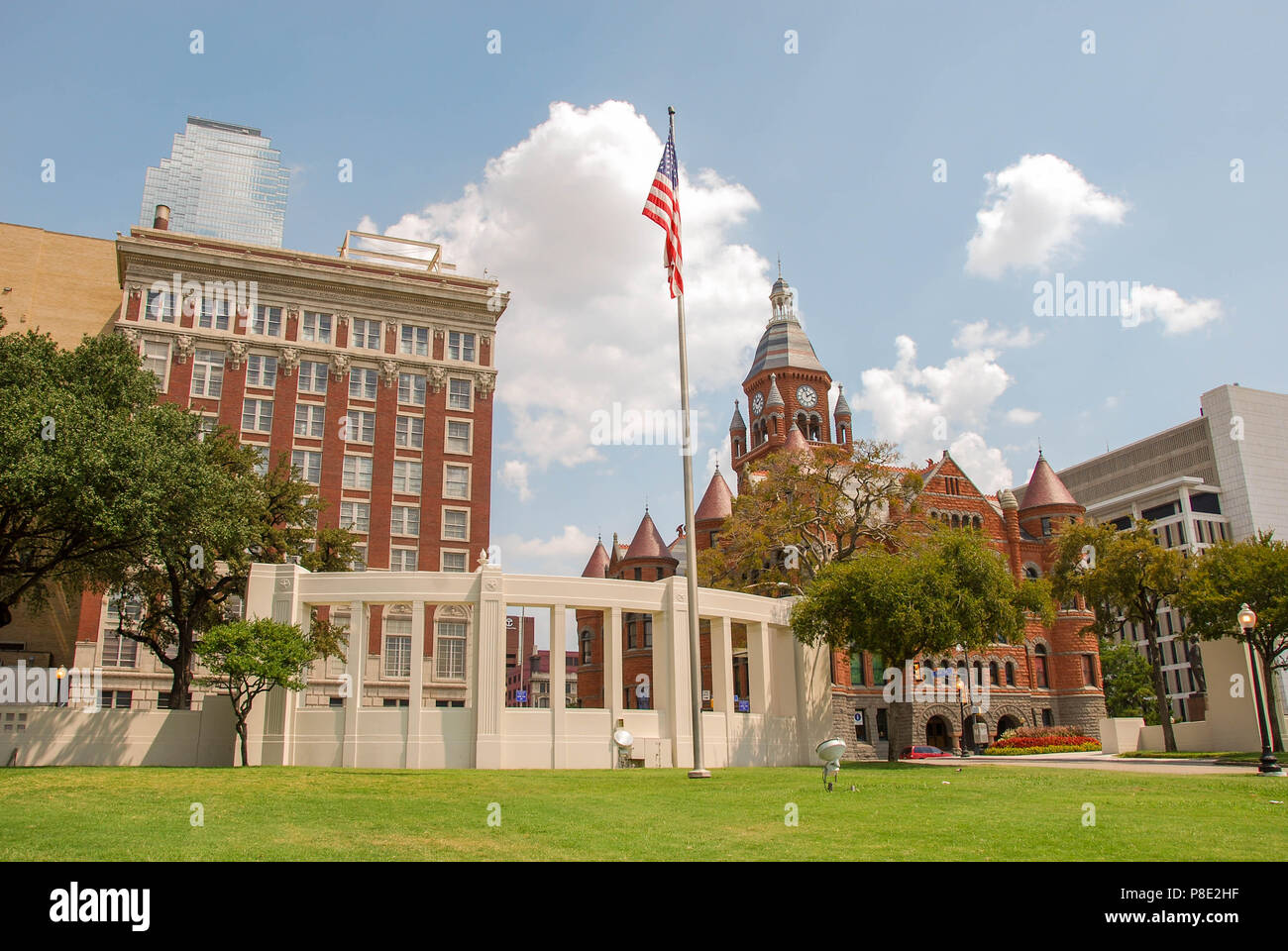 Wide angle landscape view of the back of the monument to John F Kennedy on Dealey Plaza in Dallas, Texas Stock Photo