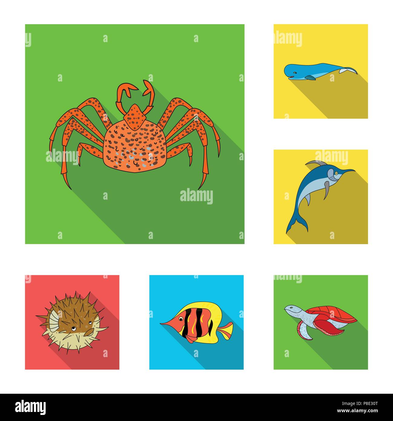 A variety of marine animals flat icons in set collection for design ...