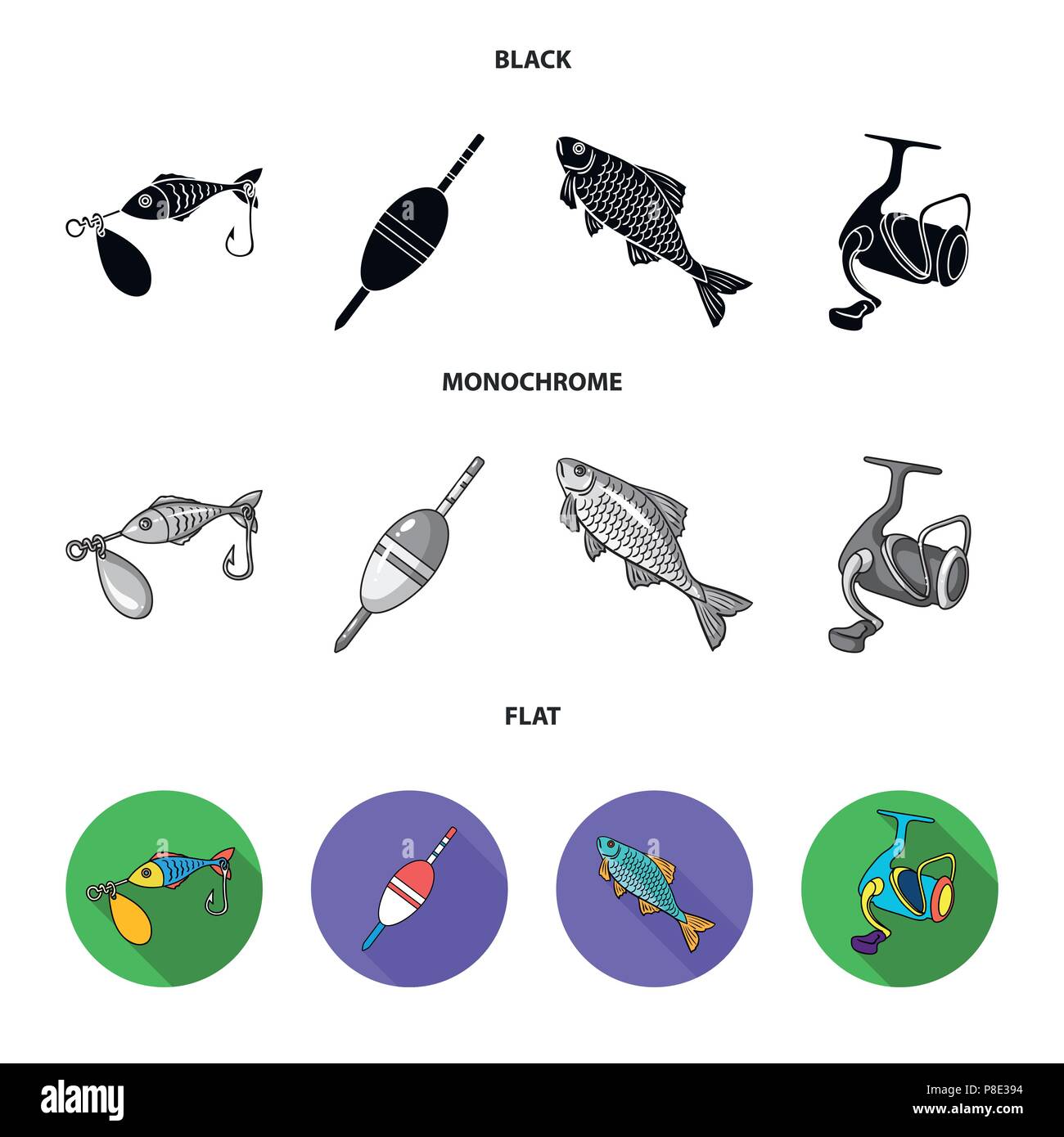 Fishing, fish, catch, hook .Fishing set collection icons in black, flat