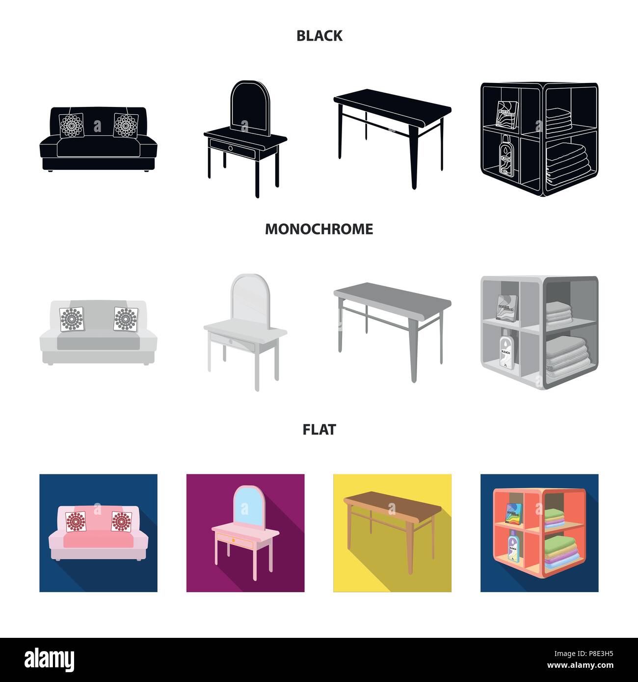 Soft sofa, toilet make-up table, dining table, shelving for laundry and detergent. Furniture and interior set collection icons in black, flat, monochr Stock Vector