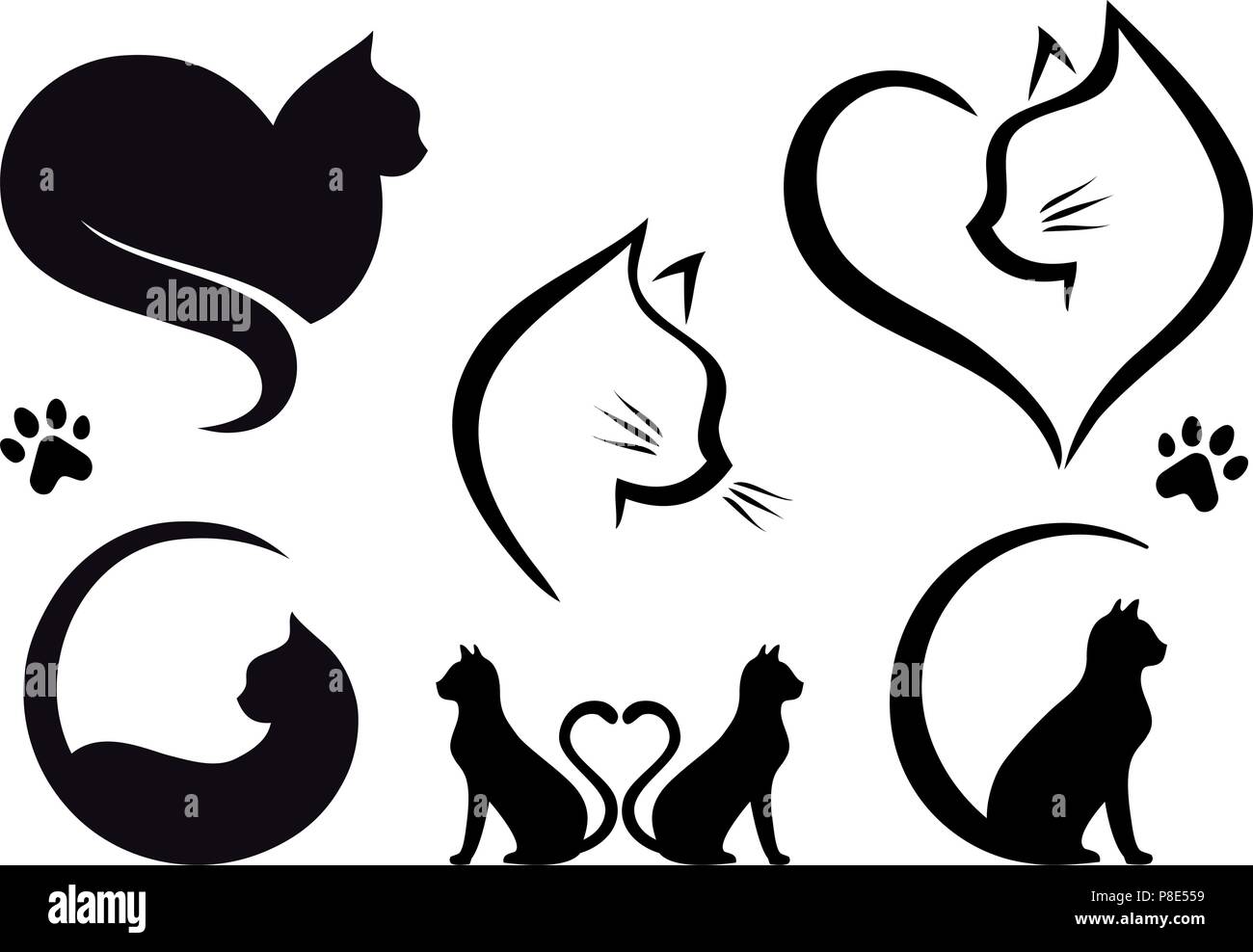 Cat Logo Designs With Heart Set Of Vector Graphic Design Elements Stock Vector Image Art Alamy